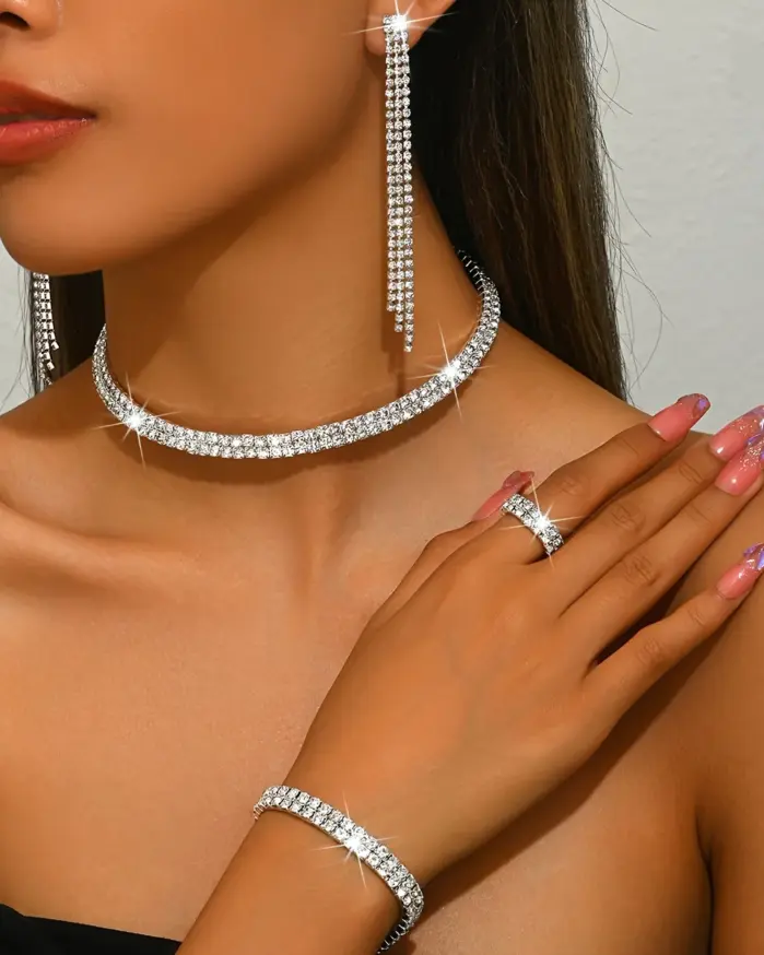 Juego de Joyería de Lujo con Pedrería para Mujer, 4/5 Piezas, Gargantilla, Aretes, Brazalete Elástico y Anillo para Bodas, Banquetes y Fiestas 2