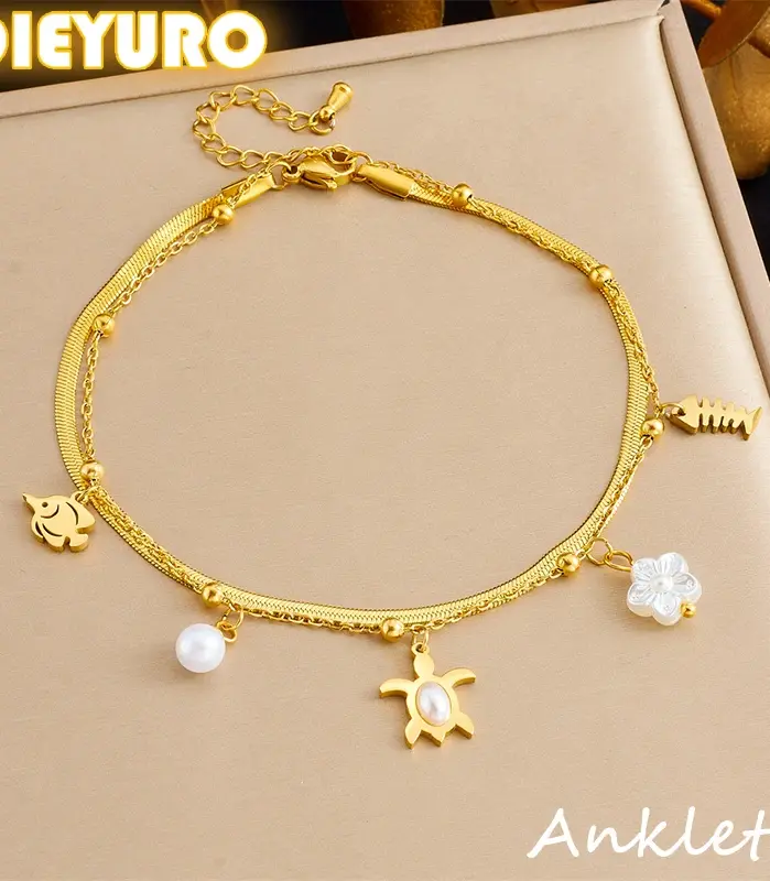 Tobilleras DIEYURO 316L de acero inoxidable con perlas de pez tortuga y perlas de doble capa para mujer, nuevas cadenas para pies, joyería antioxidante, regalo glamoroso 1