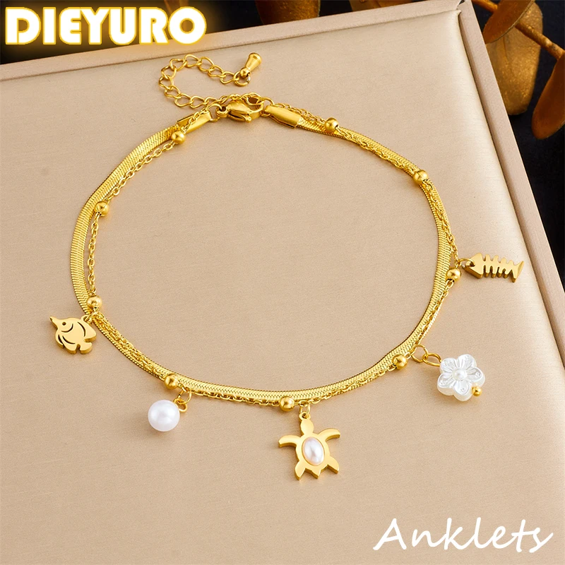 Tobilleras DIEYURO 316L de acero inoxidable con perlas de pez tortuga y perlas de doble capa para mujer, nuevas cadenas para pies, joyería antioxidante, regalo glamoroso 1 Tobilleras DIEYURO 316L de acero inoxidable con perlas de pez tortuga y perlas de doble capa para mujer, nuevas cadenas para pies, joyería antioxidante, regalo glamoroso 1