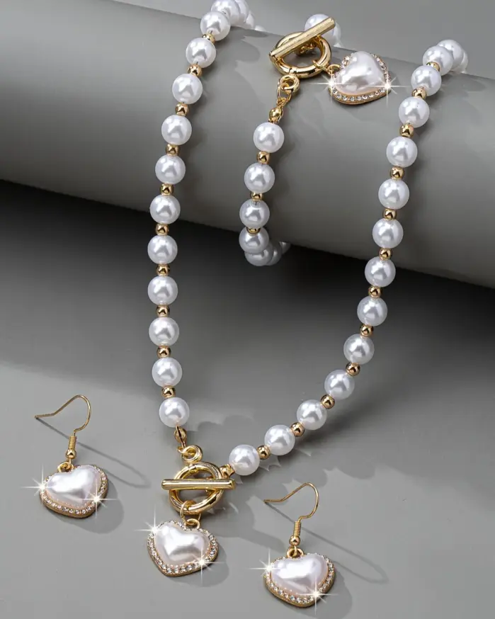 Conjunto de Collar de Perlas con Cierre de Palanca, Gargantilla de Perlas, Pendientes Blancos y Pulsera para Mujer, Estilo Coquette, Regalo para Despedida de Soltera 1