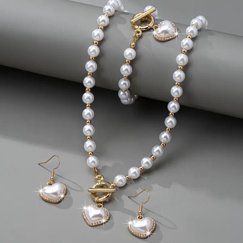 Conjunto de Collar de Perlas con Cierre de Palanca, Gargantilla de Perlas, Pendientes Blancos y Pulsera para Mujer, Estilo Coquette, Regalo para Despedida de Soltera 1 Conjunto de Collar de Perlas con Cierre de Palanca, Gargantilla de Perlas, Pendientes Blancos y Pulsera para Mujer, Estilo Coquette, Regalo para Despedida de Soltera 1