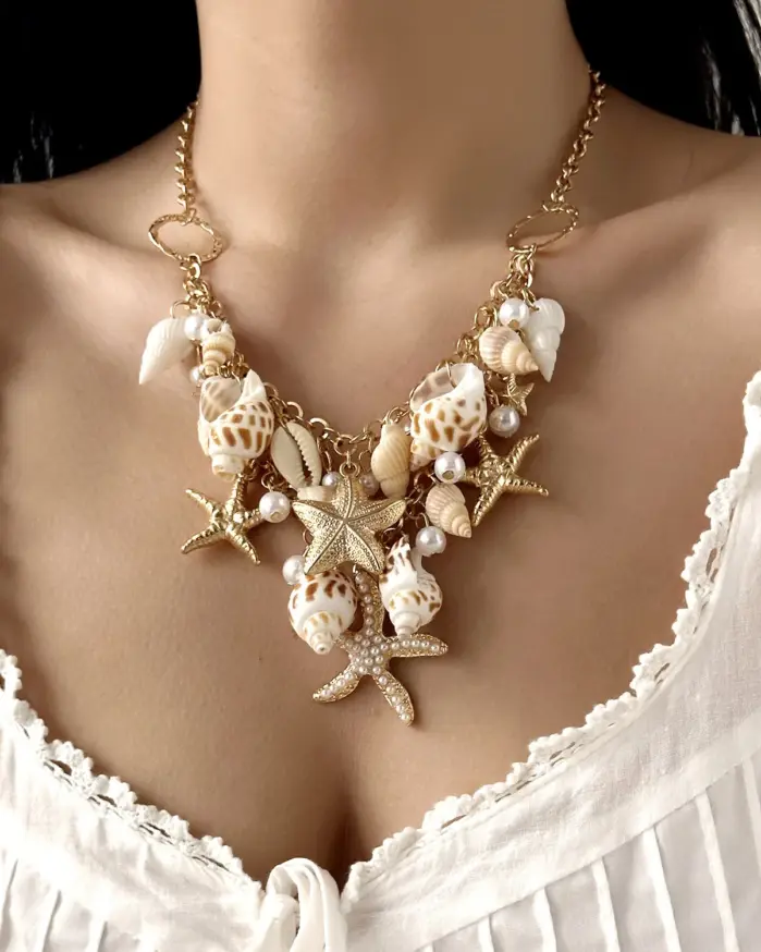 Collar de Verano Estilo Bohemio, Conjunto de Joyería, Cadena de Cintura Personalizada, Collar de Estrella de Mar, Concha y Perla, Estilo Vacaciones en la Playa 1