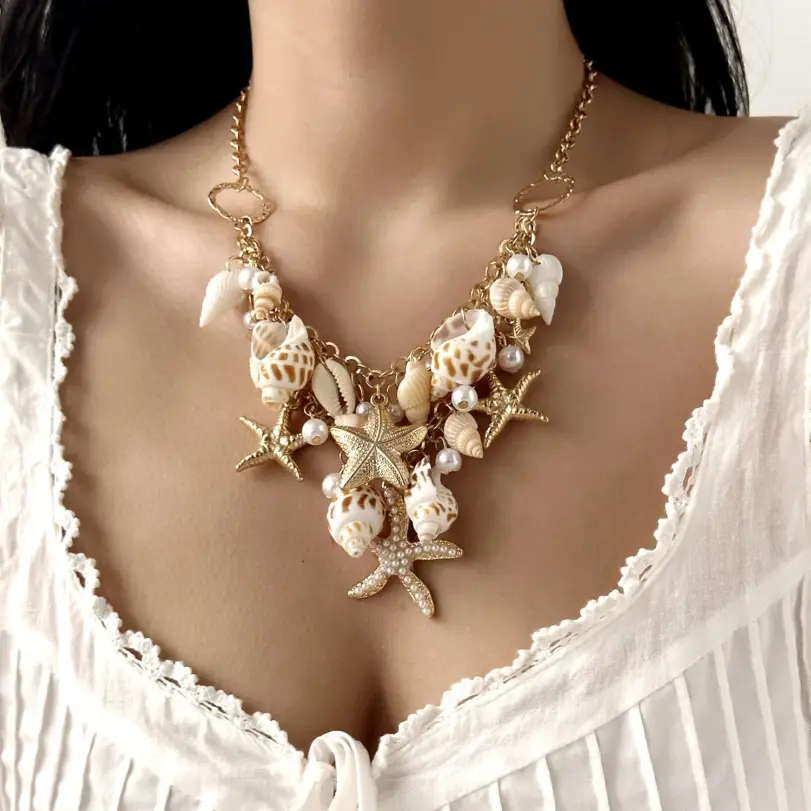 Collar de Verano Estilo Bohemio, Conjunto de Joyería, Cadena de Cintura Personalizada, Collar de Estrella de Mar, Concha y Perla, Estilo Vacaciones en la Playa 1