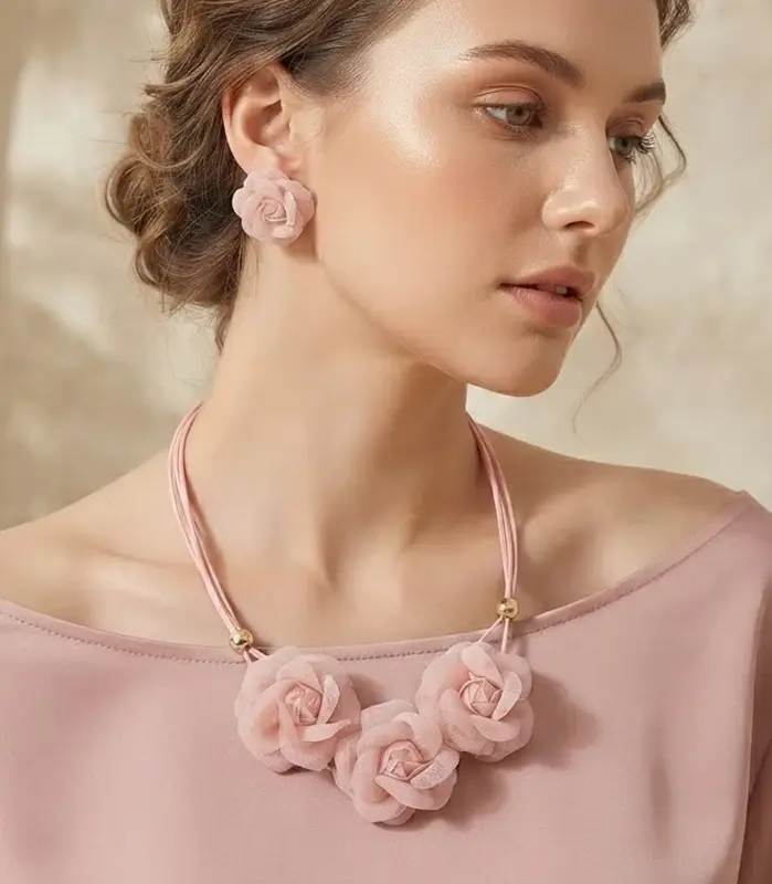 Conjunto de Collar y Pendientes de Rosa 3D de Tela, Flor Rosa de Gasa, Joyería Romántica Coquette, Adornos y Accesorios 1