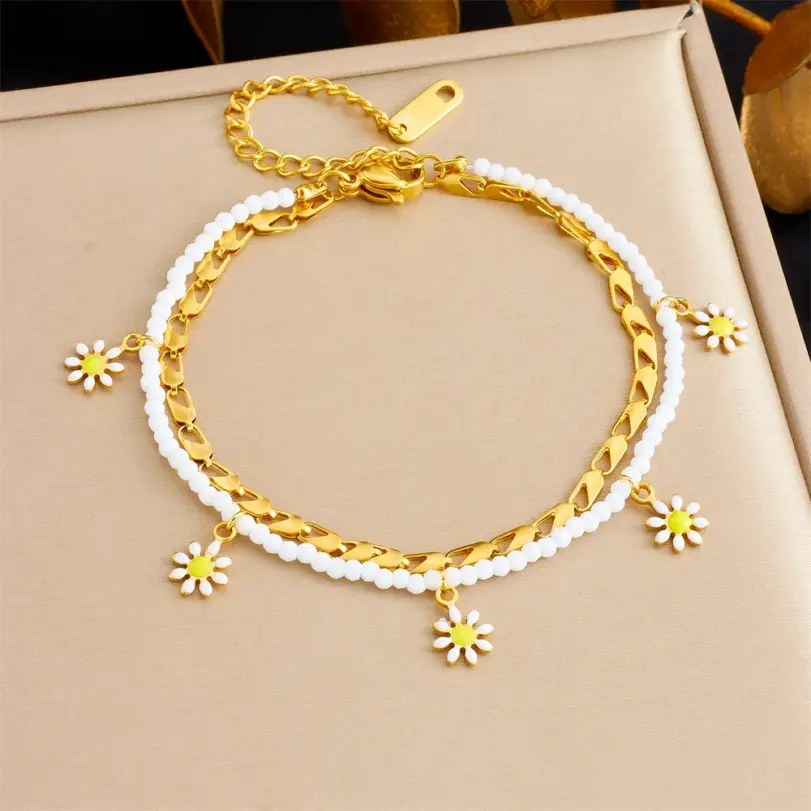 DIEYURO 316L Acero inoxidable blanco pequeña flor gota de aceite tobilleras de doble capa para mujeres cadenas de pie impermeables regalo de joyería 6