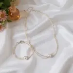 Juego de Joyería Vintage Elegante de 2 Piezas para Mujer, Collar de Perlas Redondas de Metal, Gargantilla Rosa Claro, Pulsera de Novia para Boda, Regalo para Fiesta 1