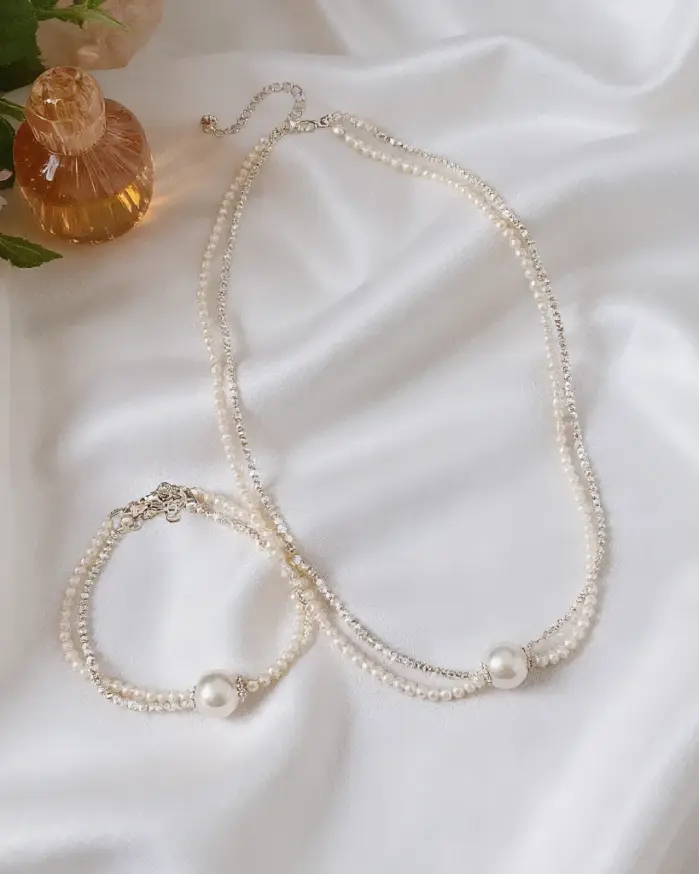 Juego de Joyería Vintage Elegante de 2 Piezas para Mujer, Collar de Perlas Redondas de Metal, Gargantilla Rosa Claro, Pulsera de Novia para Boda, Regalo para Fiesta 1