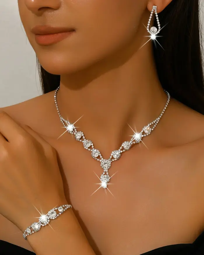 4 Uds. Conjuntos de joyería de cristal elegantes a la moda para mujer, collar con diamantes de imitación, anillo, pendientes, conjuntos de joyería para fiesta y boda 1