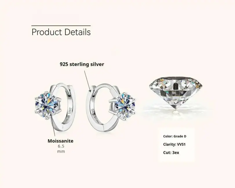 Pendientes de moissanita de Plata de Ley 925 de 1 CT con certificados, joyería minimalista esencial, joyería de hadas, superventas 6