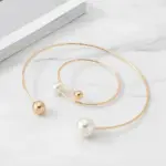 Juego de Joyería Vintage Elegante de 2 Piezas para Mujer, Collar Ovalado con Bola Redonda Blanca, Gargantilla Dorada, Pulsera de Boda, Regalo para Fiesta 1