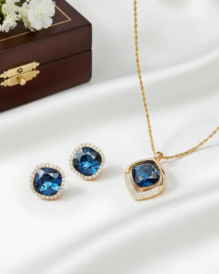 Juego de Joyería Vintage Elegante de 3 Piezas para Mujer, Collar con Cristales Azules, Gargantilla Brillante, Aretes de Cristal para Novia, Boda, Fiesta 1