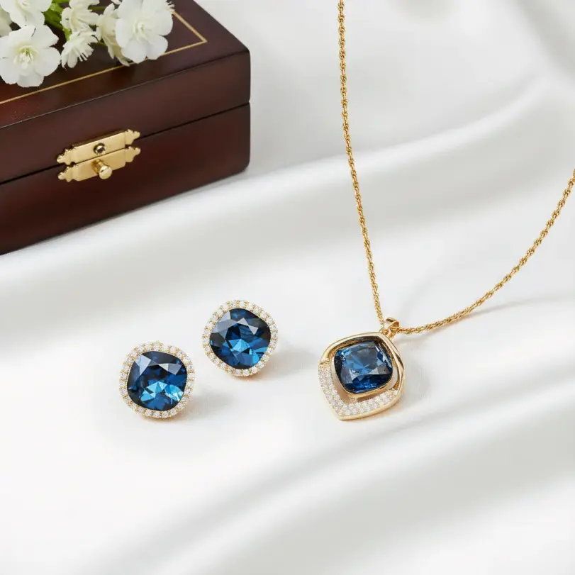 Juego de Joyería Vintage Elegante de 3 Piezas para Mujer, Collar con Cristales Azules, Gargantilla Brillante, Aretes de Cristal para Novia, Boda, Fiesta 1