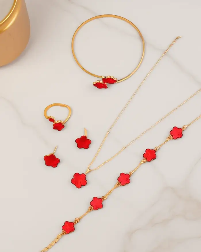 Conjunto de joyería Vintage elegante para mujer, collar de flores de la suerte, gargantilla de cristal rojo brillante, pendientes de boda para fiesta, 6 uds. 2