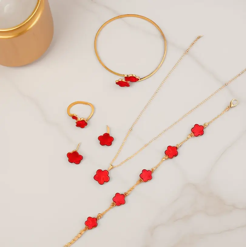 Conjunto de joyería Vintage elegante para mujer, collar de flores de la suerte, gargantilla de cristal rojo brillante, pendientes de boda para fiesta, 6 uds. 2