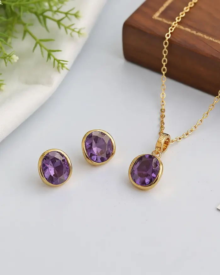 Juego de Joyería Vintage Elegante de 3 Piezas para Mujer, Collar con Cristales Brillantes y Piedras de Imitación Moradas, Gargantilla, Aretes para Novia, Boda, Fiesta 1