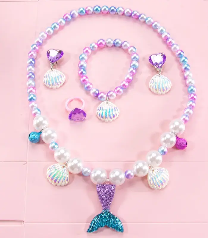 Set de Joyería Infantil de Sirena 2026, Collar y Pulsera de Perlas Coloridas, Accesorios Brillantes de Concha de Princesa para Niñas, Regalo de Cumpleaños 1