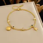 DIEYURO Tobillera de doble capa de acero inoxidable 316L con colgante de estrella de mar y circonita redonda blanca y negra, nueva joyería para mujer 5