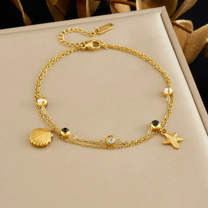 DIEYURO Tobillera de doble capa de acero inoxidable 316L con colgante de estrella de mar y circonita redonda blanca y negra, nueva joyería para mujer 5
