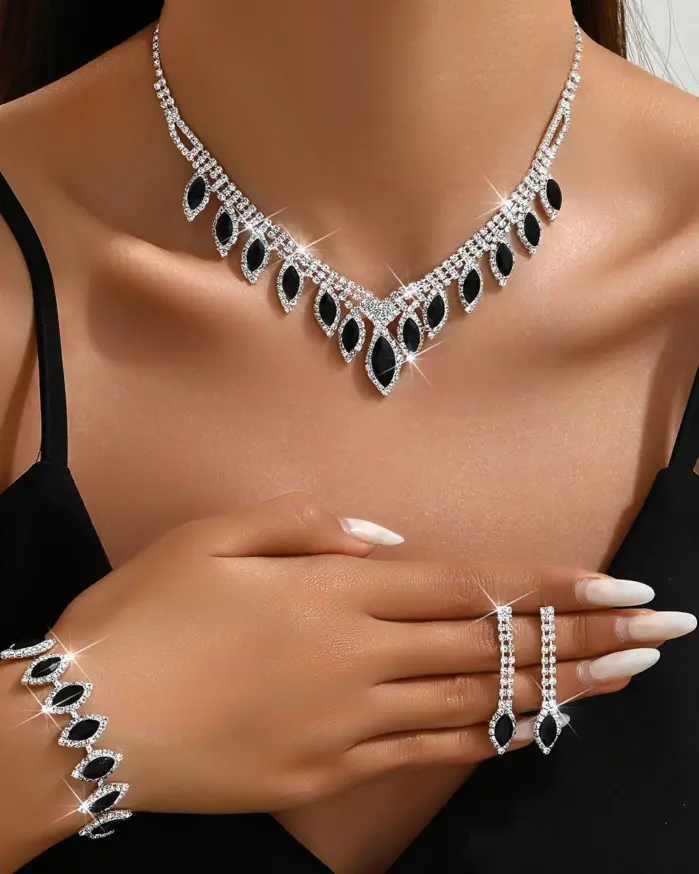 Conjunto de Joyería Negra de Lujo, Elegante Collar, Aretes y Brazalete con Cristales Brillantes, Conjunto de Boda para Mujer, Regalo para Fiesta Nocturna 2