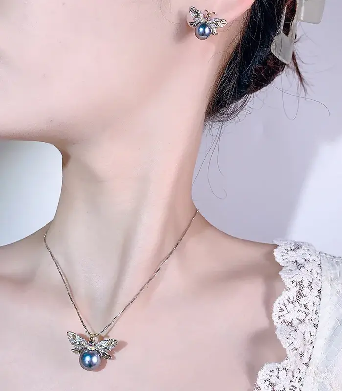 Conjunto de joyería Vintage elegante para mujer, collar de abeja pequeña de perlas grises, gargantilla de cristal brillante, pendientes de boda para fiesta, 3 uds. 2