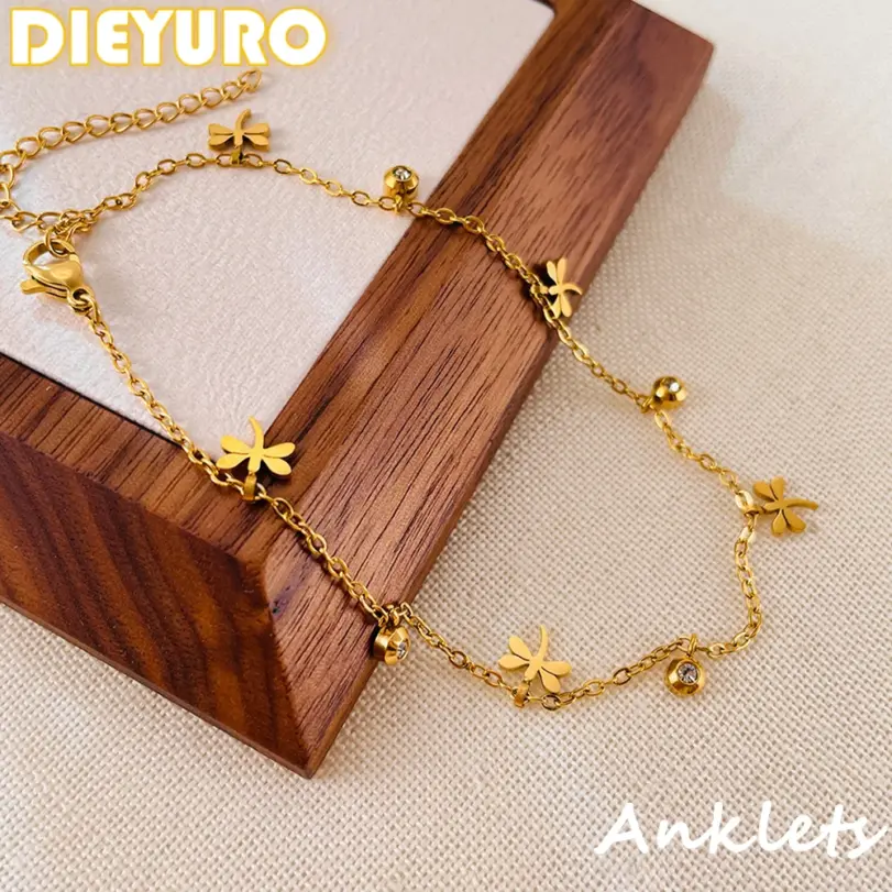 DIEYURO-tobillera con colgante de libélula dorada de acero inoxidable 316L para mujer, cadena para pie, joyería, regalo de vacaciones 1 DIEYURO-tobillera con colgante de libélula dorada de acero inoxidable 316L para mujer, cadena para pie, joyería, regalo de vacaciones 1