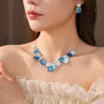 Juego de Joyería Vintage Elegante de 3 Piezas para Mujer, Collar con Cristales Brillantes y Gotas Azules Cuadradas, Gargantilla, Aretes para Novia, Boda, Fiesta 2