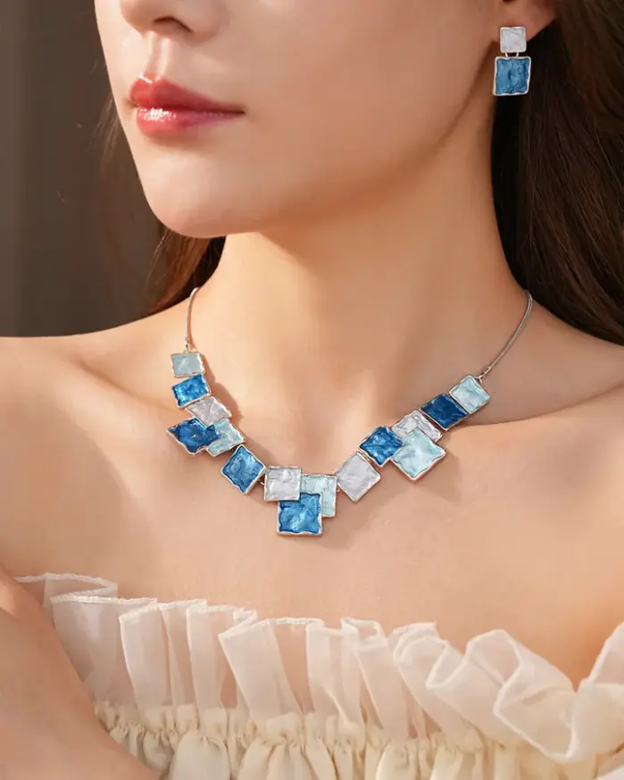 Juego de Joyería Vintage Elegante de 3 Piezas para Mujer, Collar con Cristales Brillantes y Gotas Azules Cuadradas, Gargantilla, Aretes para Novia, Boda, Fiesta 2