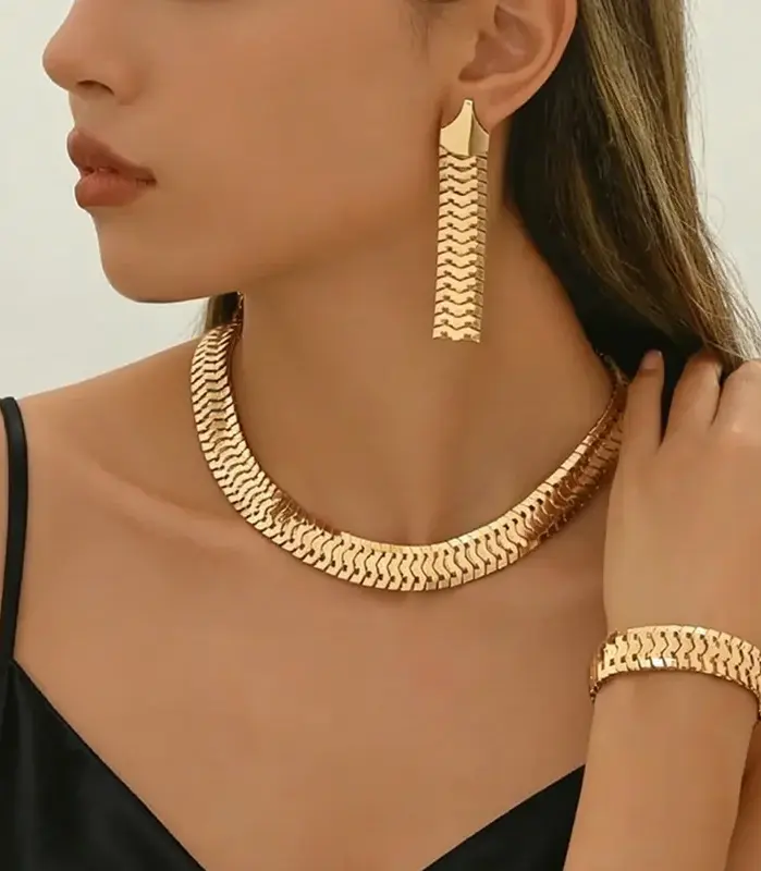 Juego de Joyería de 3 Piezas con Diseño de Espiga Dorada para Mujer, Collar Gargantilla de Cadena Plana, Pulsera y Pendientes Colgantes, Set de Joyería de Regalo 1