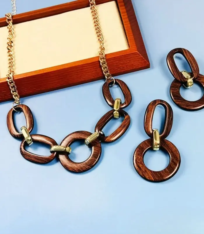 Conjunto de Collar y Pendientes de Madera Mate Retro con Diseño Geométrico, Joyería Elegante para Mujer 2