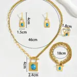 Conjunto de joyería Vintage elegante para mujer, collar con forma de cerradura a la moda, gargantilla de turquesa con incrustaciones, pulsera de boda para fiesta, 5 uds. 5