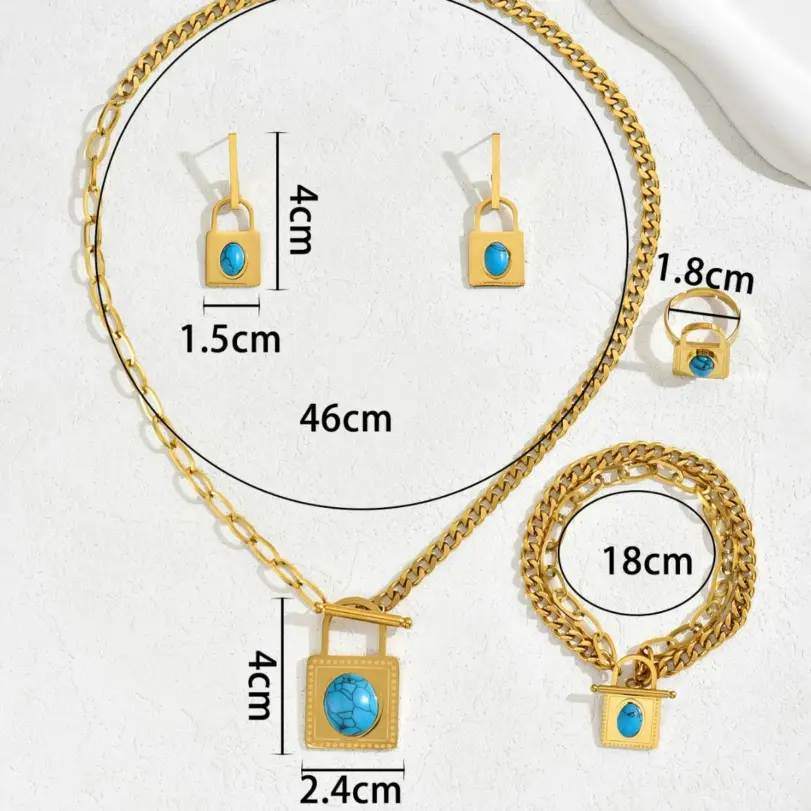 Conjunto de joyería Vintage elegante para mujer, collar con forma de cerradura a la moda, gargantilla de turquesa con incrustaciones, pulsera de boda para fiesta, 5 uds. 5