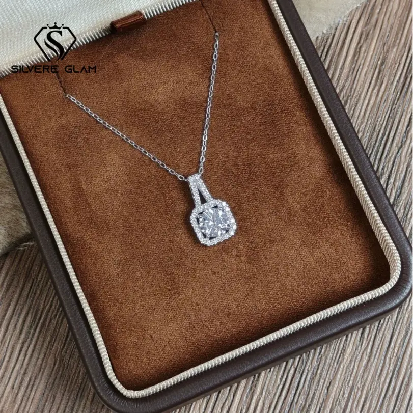 Collar cuadrado clásico de Plata de Ley 925 para mujer, joyería de lujo, moissanita de 1 quilate, collar deslumbrante de Color D para fecha a juego 1