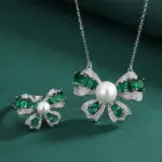 Conjunto de joyería Vintage elegante para mujer, collar con lazo de piedras preciosas de nácar, gargantilla de cristal brillante, anillo de boda para fiesta, 2 uds. 3