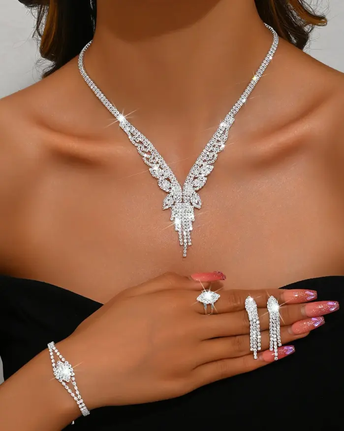 Conjunto de 5 piezas de joyería de moda para mujer, collar con borlas huecas, anillo, aretes, pulsera, conjunto de joyería para boda, banquete, fiesta, festival, regalo para dama 1