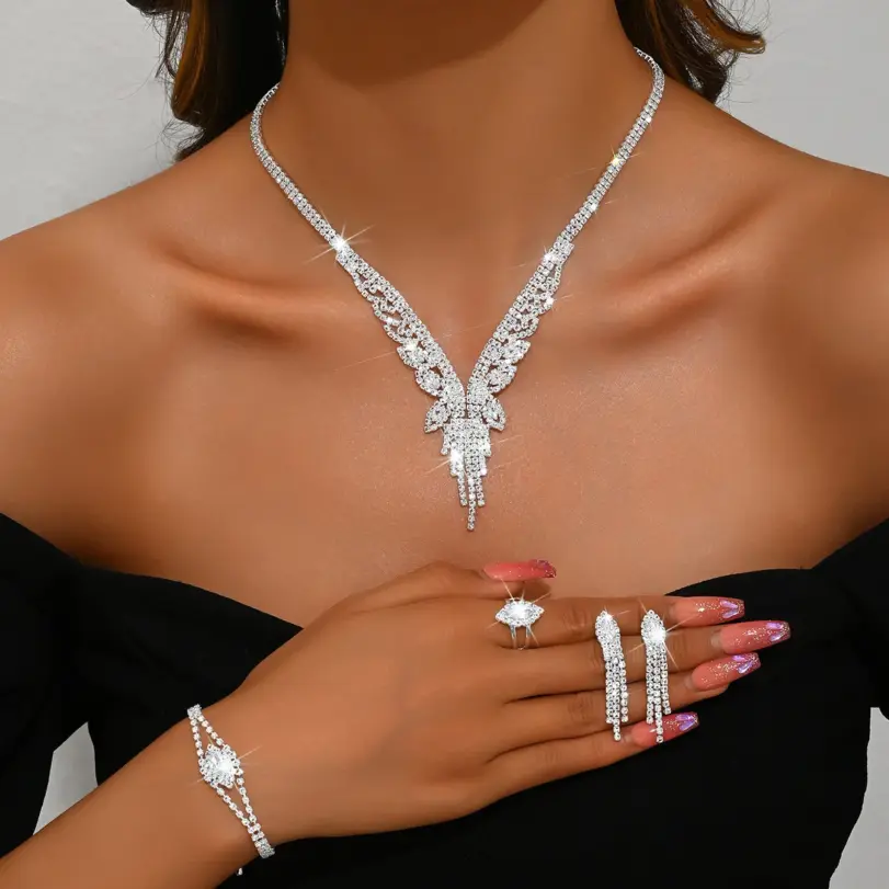 Conjunto de 5 piezas de joyería de moda para mujer, collar con borlas huecas, anillo, aretes, pulsera, conjunto de joyería para boda, banquete, fiesta, festival, regalo para dama 1