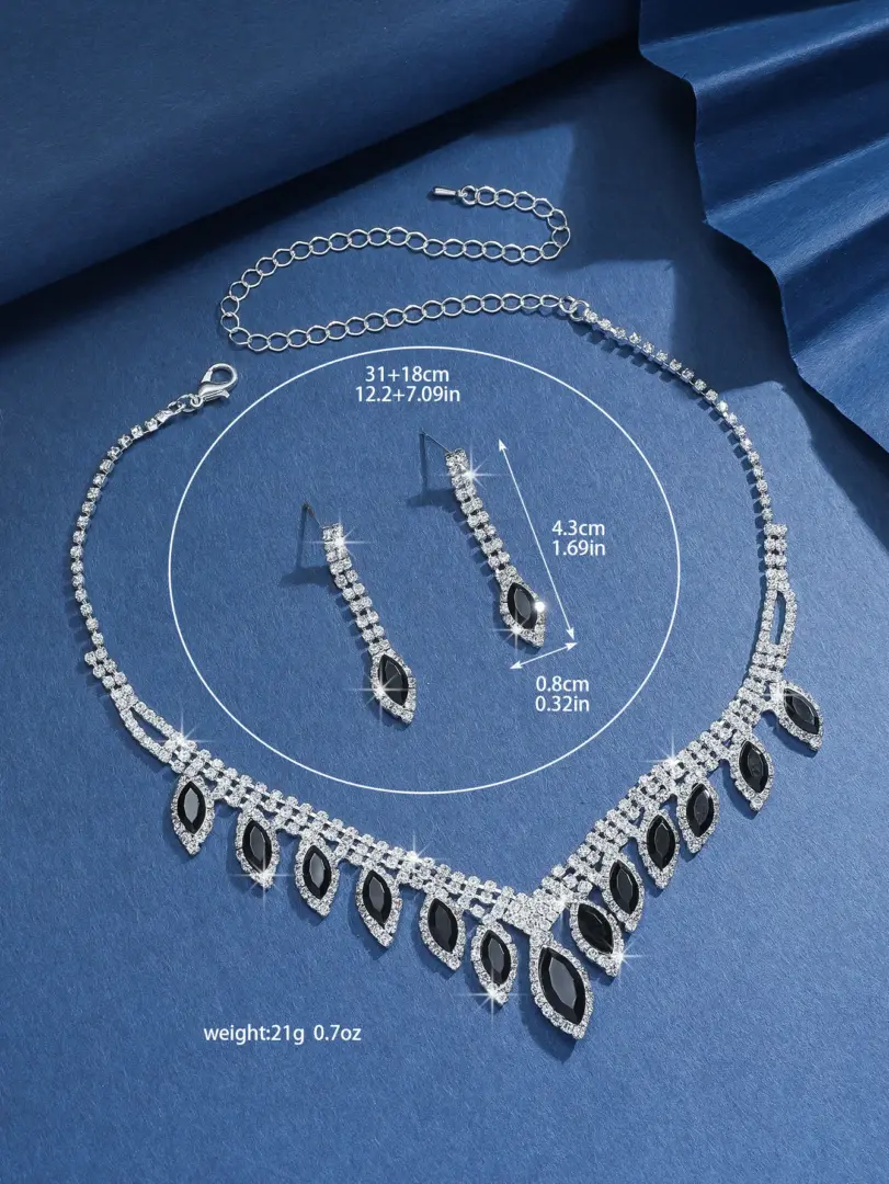 Conjunto de Joyería Negra de Lujo, Elegante Collar, Aretes y Brazalete con Cristales Brillantes, Conjunto de Boda para Mujer, Regalo para Fiesta Nocturna 6