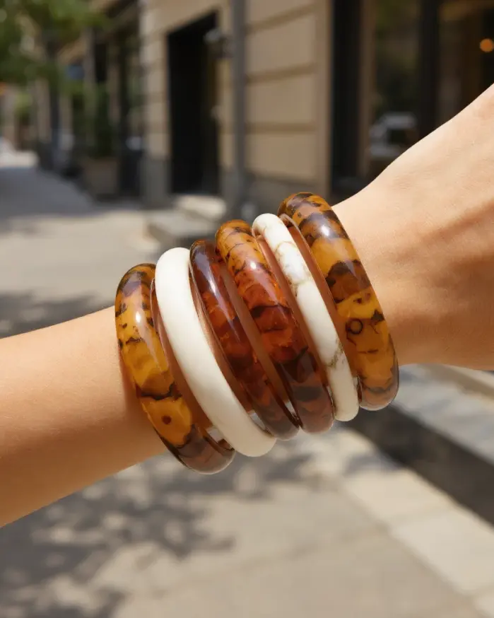 Juego de Joyería Elegante Retro para Mujer, 4 Piezas, Diseño Exclusivo, Pulsera Acrílica para Uso Diario, Boda, Fiesta, Pulsera Color Ámbar 2