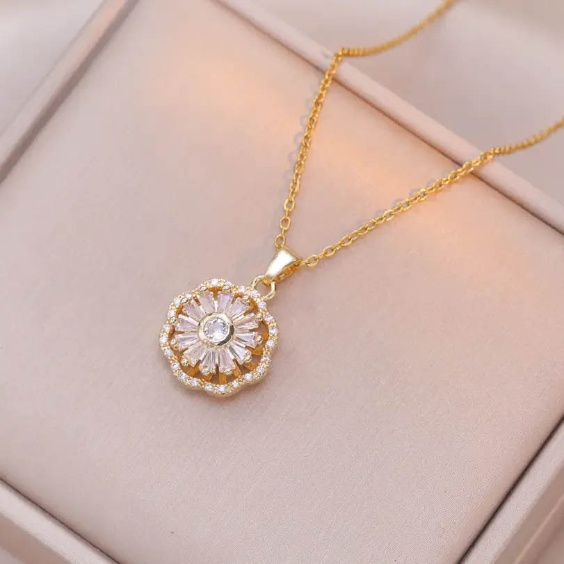 Juego de Joyería Elegante y Moderno de 3 Piezas para Mujer, Collar con Diseño de Flor Giratoria, Gargantilla Dorada Clásica, Aretes para Uso Diario Informal, Regalo 3