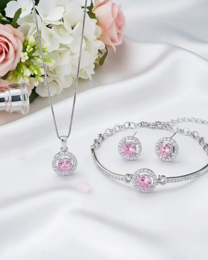 Conjunto de joyería Vintage elegante para mujer, collar redondo de circón rosa, gargantilla de cristal brillante, pulsera de boda para fiesta, 4 Uds. 1