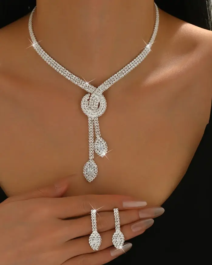 Conjunto de joyería Vintage elegante para mujer, collar con forma de lágrima de plata, gargantilla de cristal brillante, pendientes de boda para fiesta, 3 uds. 1