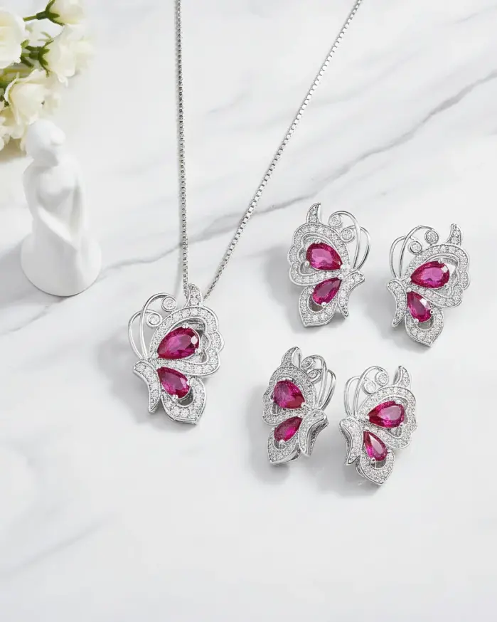 Conjunto de joyería Vintage elegante para mujer, collar de mariposa de rubí, gargantilla de cristal brillante, pendientes de boda para fiesta, 3 uds. 1