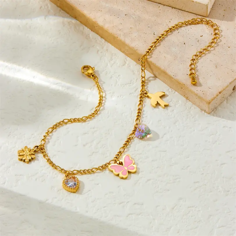 DIEYURO 316L Acero inoxidable Rosa mariposa circón corazón flor tobillera para mujer nueva moda cadena de pie joyería regalo de vacaciones 4